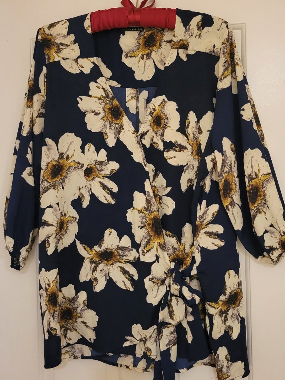 West Kei Navy & Mustard Floral Faux Wrap Kimono Blouse 2X